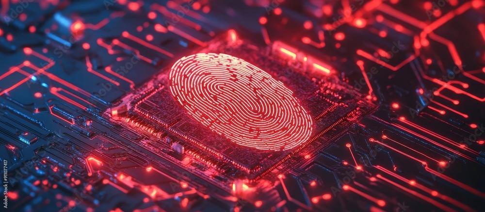 Poster 3d illustration of a fingerprint and security padlock on a circuit board representing technology dat