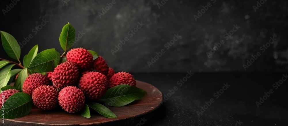 Poster fresh lychees displayed on a wooden board against a black background creating a striking copy space 