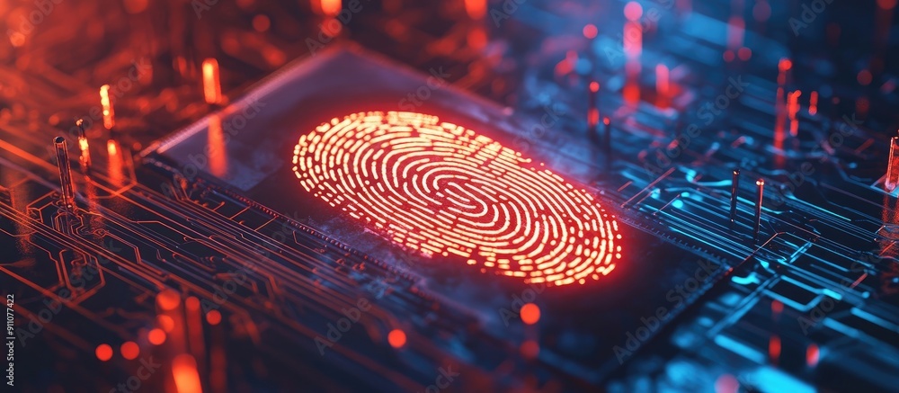 Poster 3d illustration of a fingerprint and security padlock on a circuit board representing technology dat