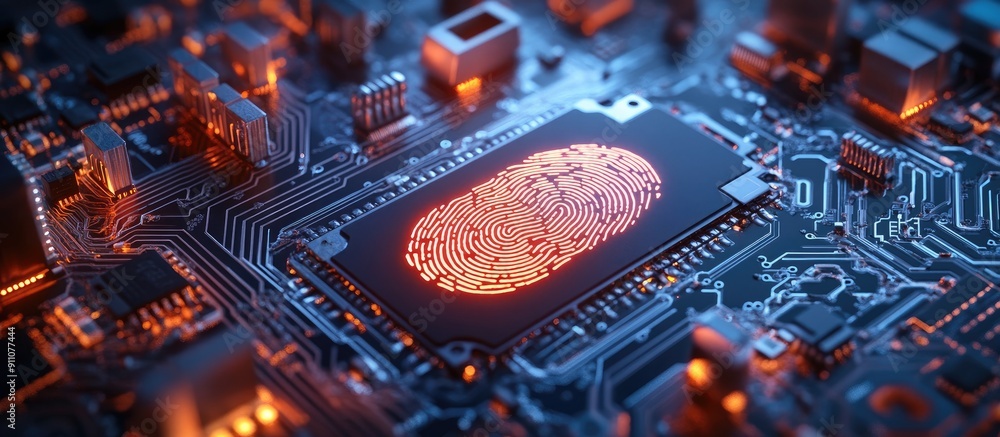 Poster 3d illustration of a fingerprint and security padlock on a circuit board representing technology dat