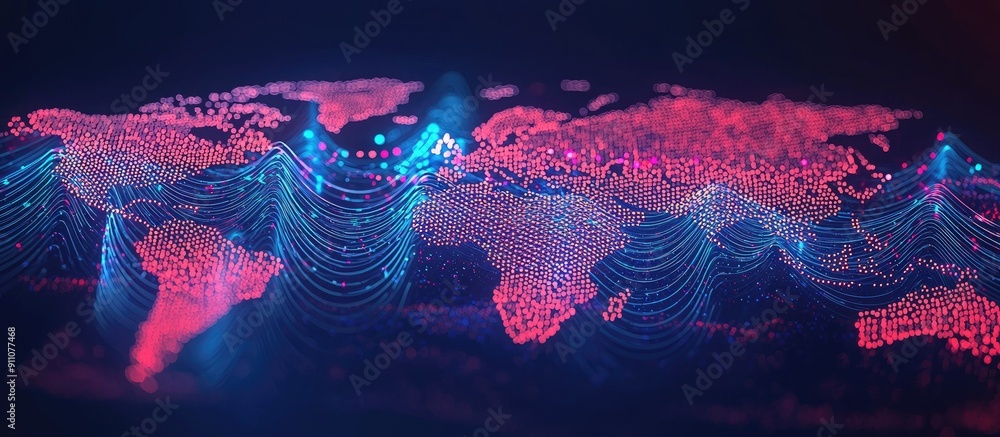 Poster 3d illustration of a world map featuring wave lines representing communication and technology concep