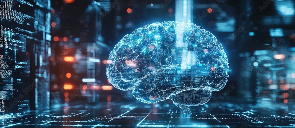 Poster 3d illustration of digital brain hologram with ai and deep learning concepts in business technology 