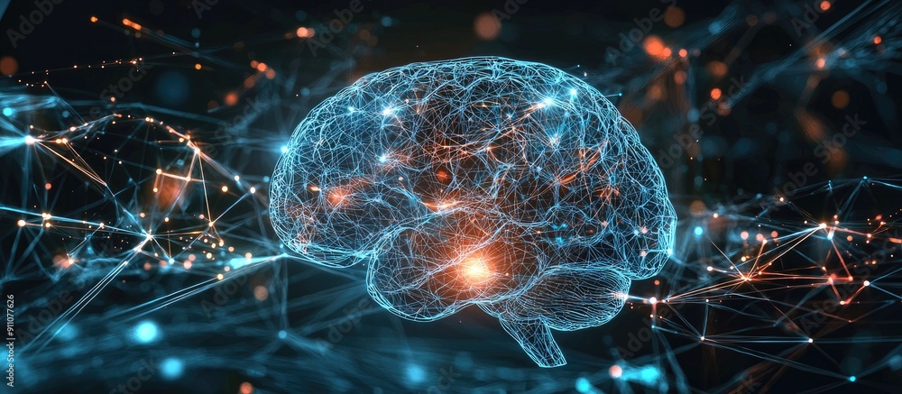 Poster 3d illustration of digital brain hologram with ai and deep learning concepts in business technology 