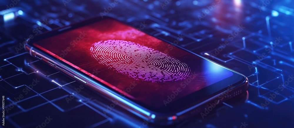 Poster 3d illustration of fingerprint security concept on mobile device representing lock privacy and prote