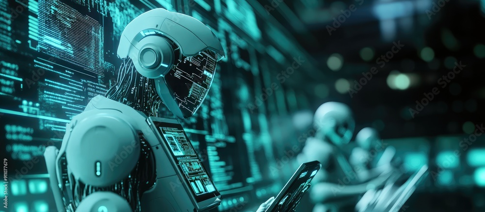 Poster 3d illustration of future financial technology driven by ai robots utilizing machine learning and ar