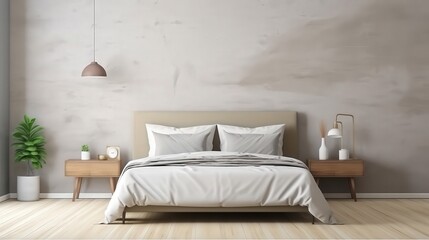 Minimalist Bedroom Interior with White Bed and Wooden Nightstands