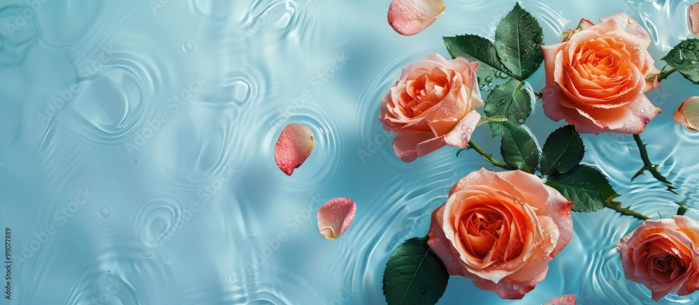 Poster top view of lovely roses floating in water on a light blue backdrop with room for text in the copy s