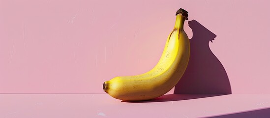 Minimalist composition featuring a yellow banana on a pink background with contrast and hard shadows creating a visually appealing copy space image