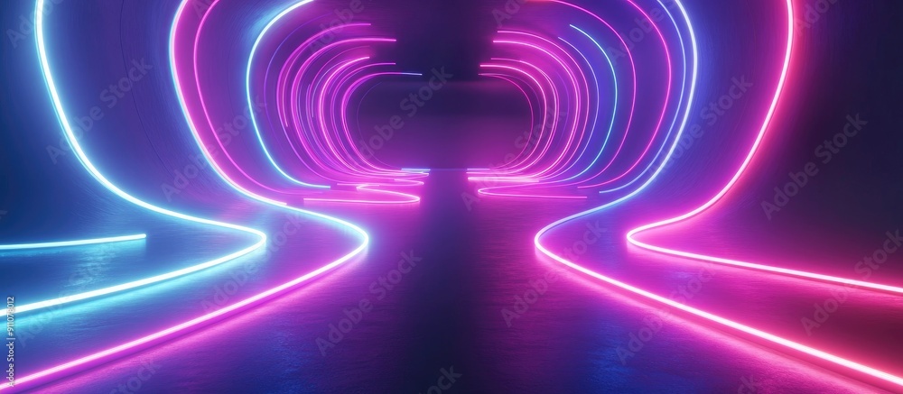 Poster 3d render of colorful neon light trails on floor with dark background abstract fast moving technolog