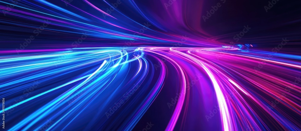 Poster 3d render of vibrant blue and purple light trails in a dark background abstract fast highway concept