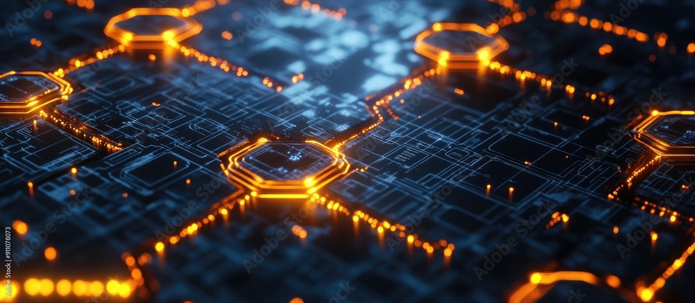 Poster 3d render of illuminated geometric blockchain structures against dark background