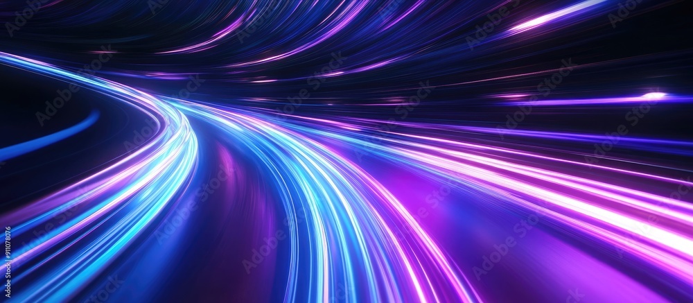 Poster 3d render of vibrant blue and purple light trails in a dark background abstract fast highway concept