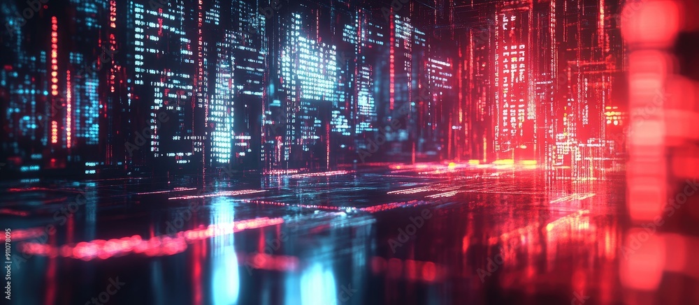 Poster 3d rendered code text featuring screen effects of technological glitches and interference