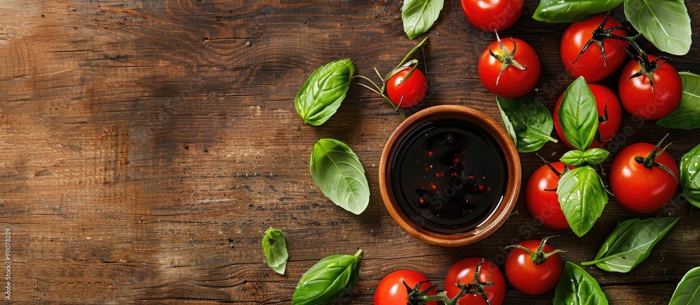 Poster wooden table with a bowl of balsamic vinegar basil and tomatoes arranged in a flat lay composition a