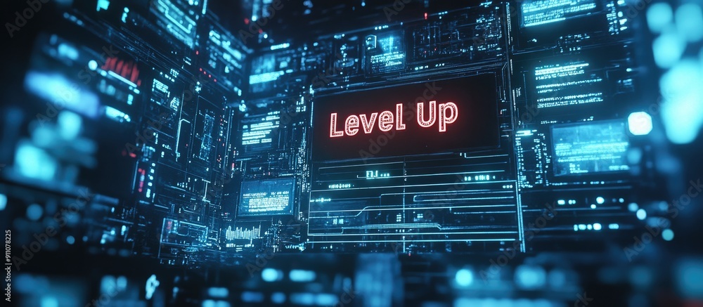 Poster 3D Rendered Level Up Text Featuring Technological Glitch Effects and Diverse Screen Interference