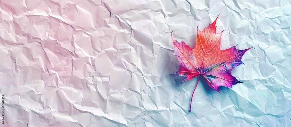 Poster create an artistic background using crumpled white paper with a colorful leaf texture to enhance you
