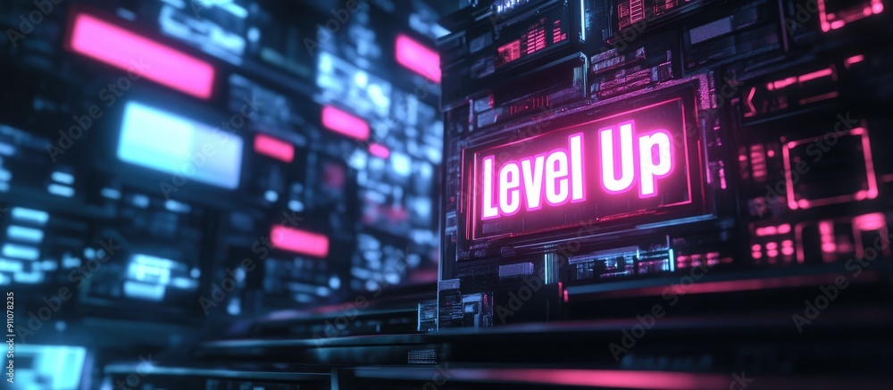 Poster 3d rendered level up text featuring technological glitch effects and diverse screen interference