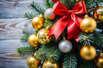 Fototapeta premium Festive Christmas Tree with Red Bow and Gold Silver Ornaments Against Rustic Wood Background