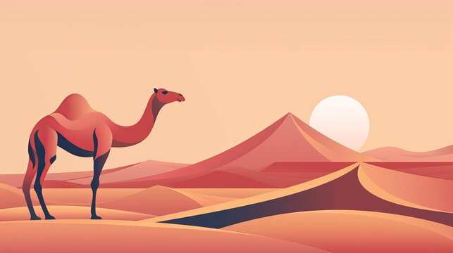 Abstract camel in a desert setting, minimalist and clean composition, basic shapes and lines, flat colors, 2D vector art