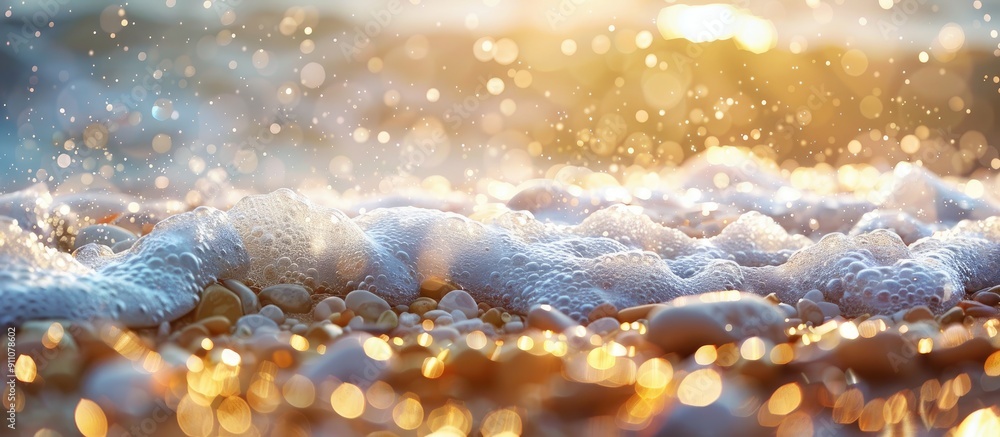Poster a beautiful seashore scene with waves pebbles and natural bokeh lights creating a serene atmosphere 