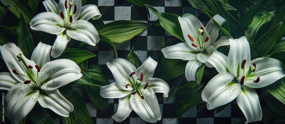 Poster enjoy the view of white checkered lily flowers with a checkerboard pattern surrounded by vibrant gre