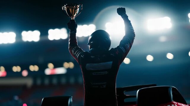 Racing driver celebrating with trophy in victory pose