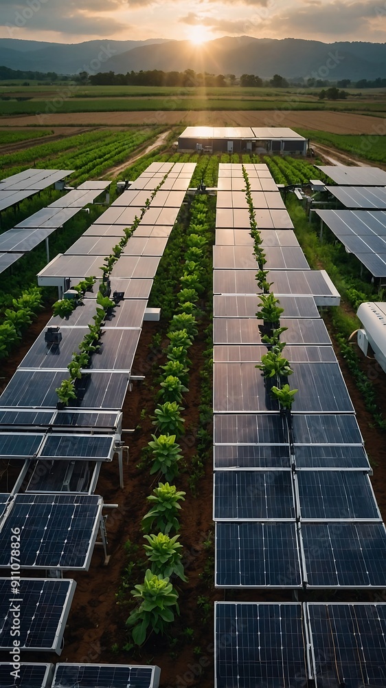 Sticker futuristic farm with solar panels and drones showcas