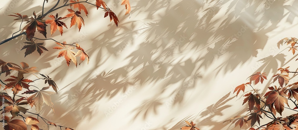 Poster cream colored abstract autumn scene with maple tree leaves shadows on a wall background ideal for co