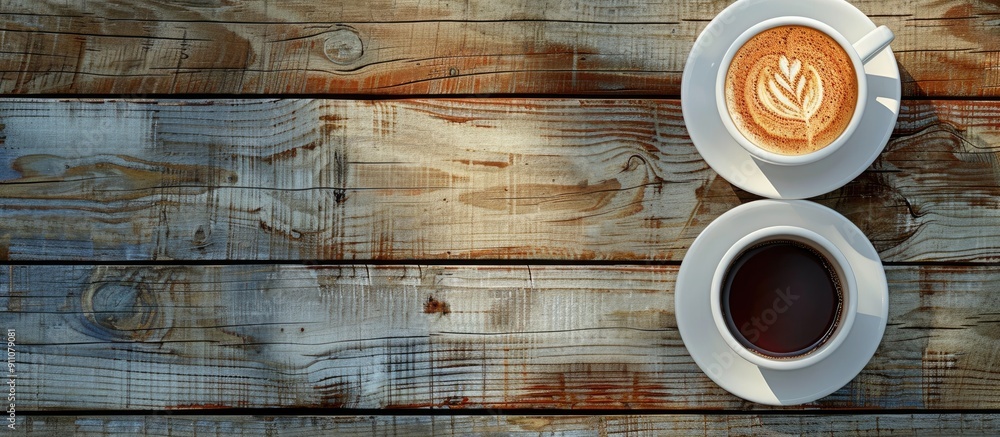 Poster top view of two coffee cups one with americano and the other with espresso displayed on a wooden tab