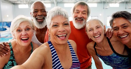 Senior people, selfie and class for swimming, wellness and mental health by indoor pool facility....