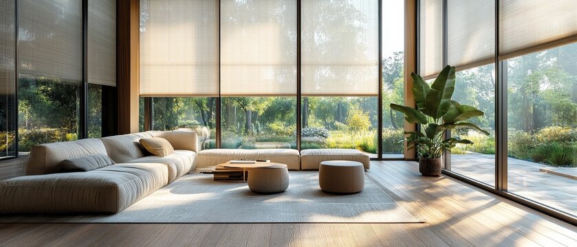 A modern living room with large windows, adorned with sleek block-out cellular blinds, filtering the midday sunlight