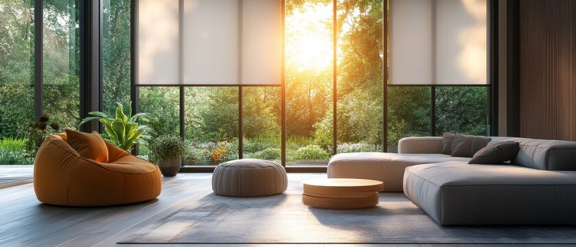 A modern living room with large windows, adorned with sleek block-out cellular blinds, filtering the midday sunlight