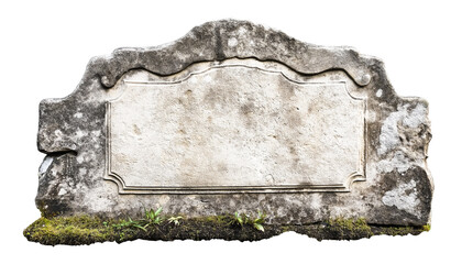 old memorial grave stone sign plate marble stone frame isolated on white transparent background, cut out