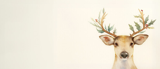 horizontal image, watercolor illustration of reindeer on white background, copy space for text. For Christmas, new year, banner, card, design, social media, blog, shop, web, linkedin