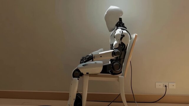 White robot sitting on chair, plugged into wall socket in empty room