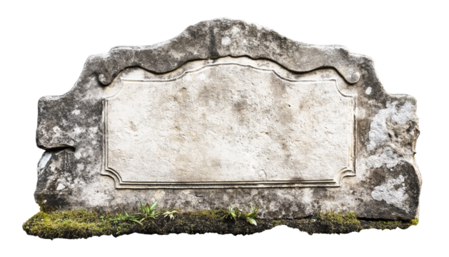 old memorial grave stone sign plate marble stone frame isolated on white transparent background, cut out