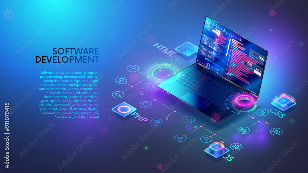 Fototapete Software, web development, programming concept. Programming languages, program code on screen laptop. Laptop, computer icons. Technology of Software development, programming, coding on laptop.
