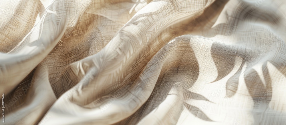 Poster soft shadows on beige cotton linen fabric folds add texture to a minimal background with a leafy cop