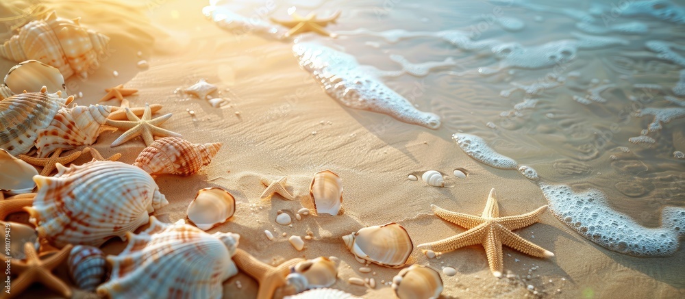 Poster table background adorned with sea shells or starfish ideal for a summer concept featuring ample copy