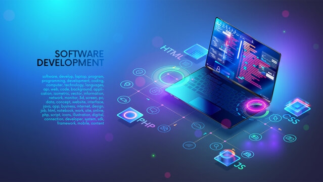 Software, web development, programming concept. Programming languages, program code on screen laptop. Laptop, computer icons. Technology of Software development, programming, coding on laptop.