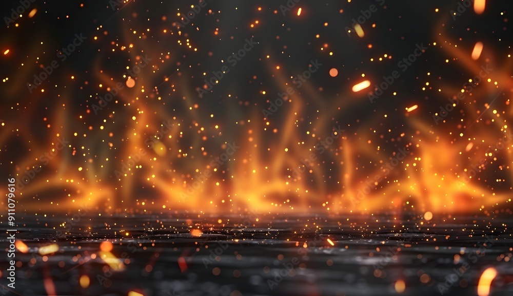 Poster a realistic photoshop element of glowing fire particles and small sparks falling on transparent back