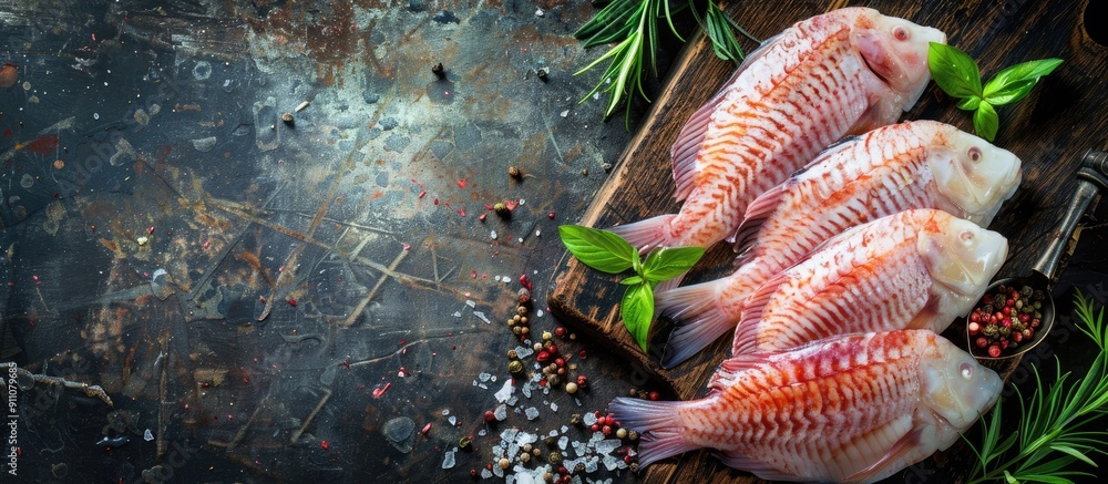 Poster fresh tilapia fillet served as a raw seafood appetizer on a rustic table with copy space image ideal
