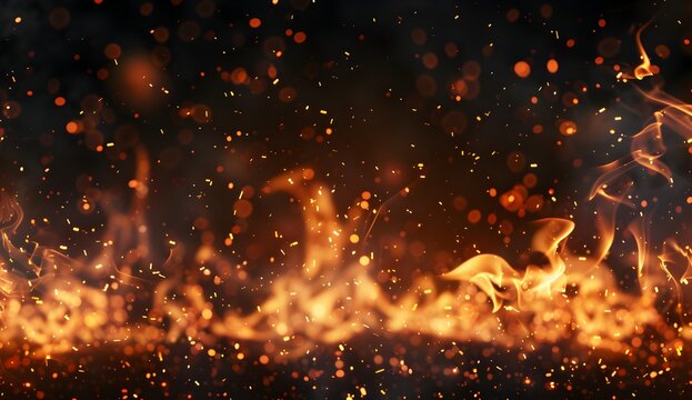 a realistic photoshop element of glowing fire particles and small sparks falling on transparent background