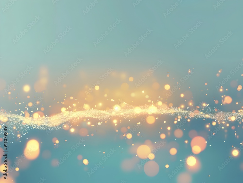 Poster abstract background with a light blue and gold color gradient, with small glowing lights on the edge
