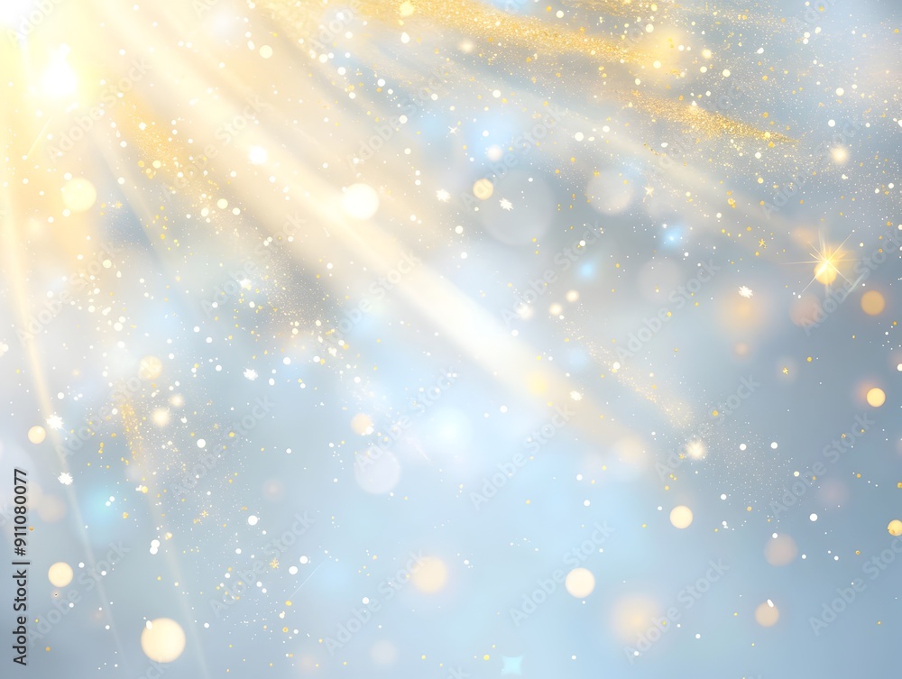 Poster abstract background with a light blue and gold color gradient, with small glowing lights on the edge