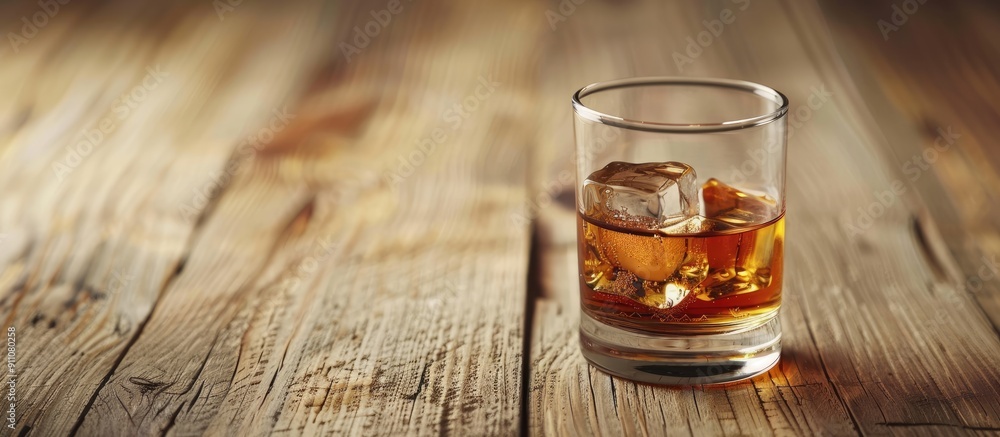 Poster copy space image of whiskey bourbon or cognac on a glass with an ice cube set against a rustic woode