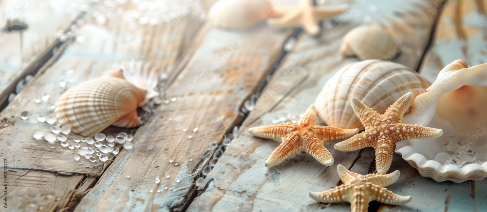 Poster Table background featuring sea shells or starfish in a summer themed copy space image