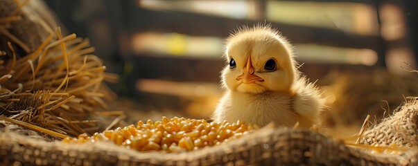 Fluffy baby chick pecking at grains in a rustic farm setting, detailed close-up, farm life