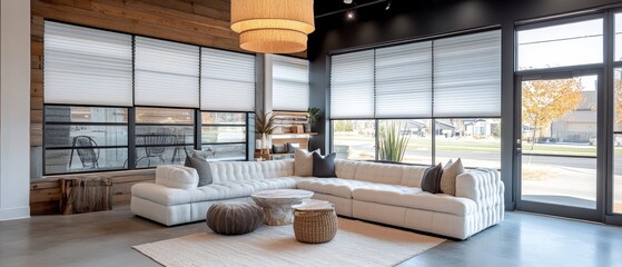 An inviting storefront display with a cozy interior setting, featuring blackout cellular shades and promoting a comfortable home environment