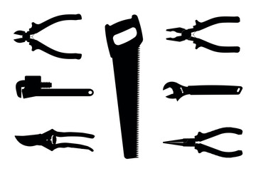 Silhouettes of household tools, pliers, saw, secateurs, wrench, nippers